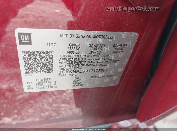 1GKKNPLS9JZ177907 2018 GMC ACADIA Red Vista del compartimento del motor