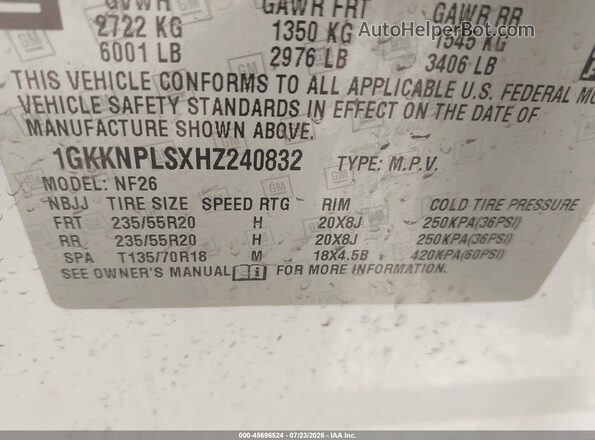 1GKKNPLSXHZ240832 2017 GMC ACADIA Белый Вид подкапотного пространства