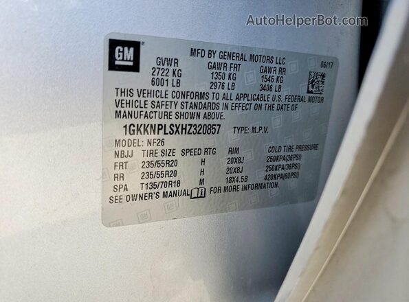 1GKKNPLSXHZ320857 2017 GMC ACADIA Silver VIN sticker view