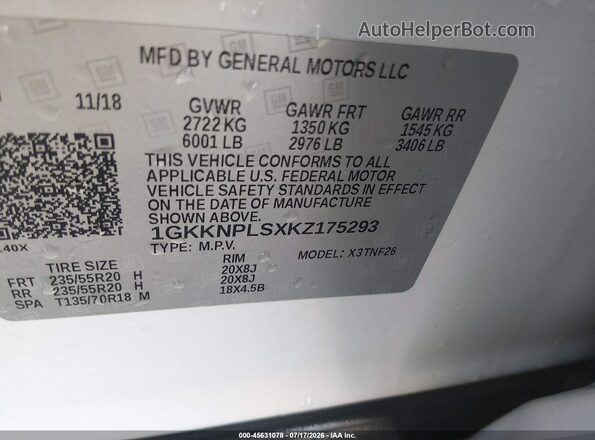 1GKKNPLSXKZ175293 2019 GMC ACADIA White Engine compartment view