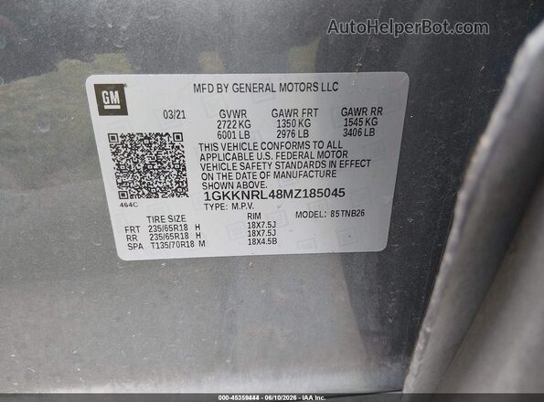 1GKKNRL48MZ185045 2021 GMC ACADIA Gray Engine compartment view