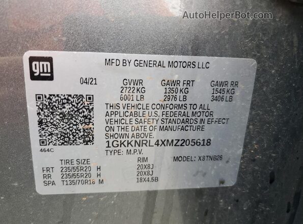 1GKKNRL4XMZ205618 2021 GMC ACADIA Gray Вид наклейки з VIN-кодом