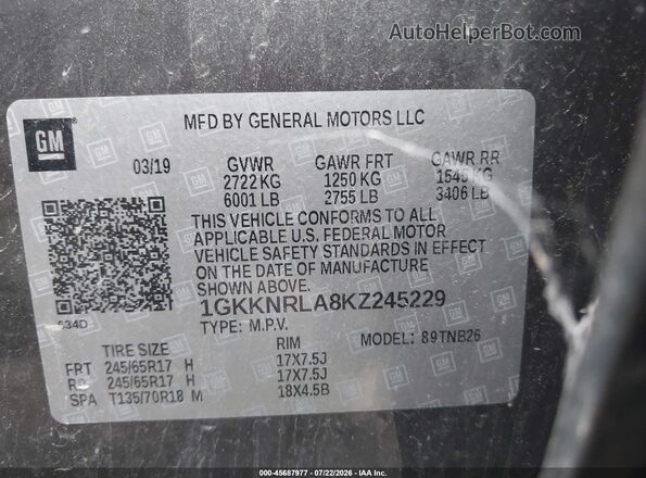 1GKKNRLA8KZ245229 2019 GMC ACADIA Brown ძრავის განყოფილების ხედი