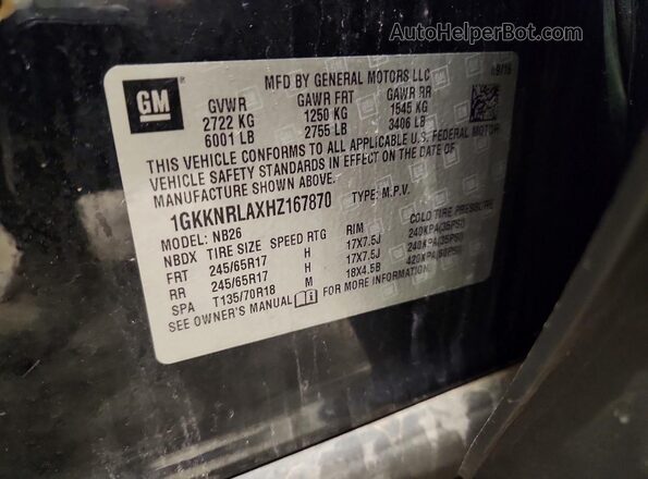1GKKNRLAXHZ167870 2017 GMC ACADIA Black VIN sticker view