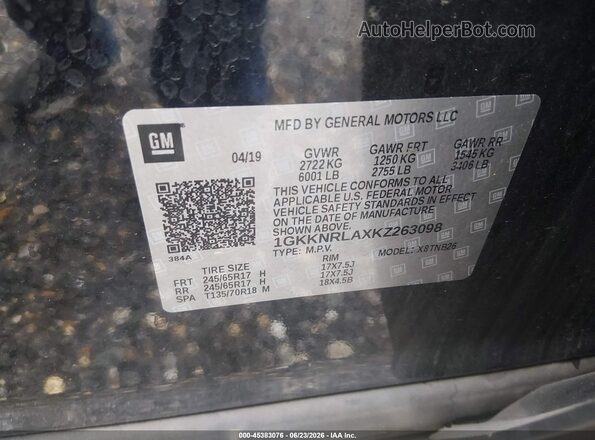 1GKKNRLAXKZ263098 2019 GMC ACADIA Black Widok komory silnika
