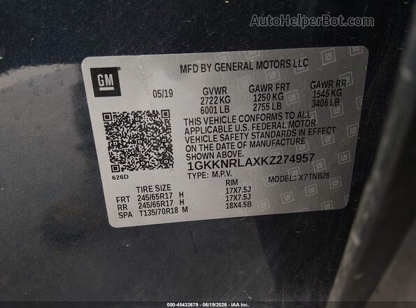 1GKKNRLAXKZ274957 2019 GMC ACADIA Blue Vista del compartimento del motor