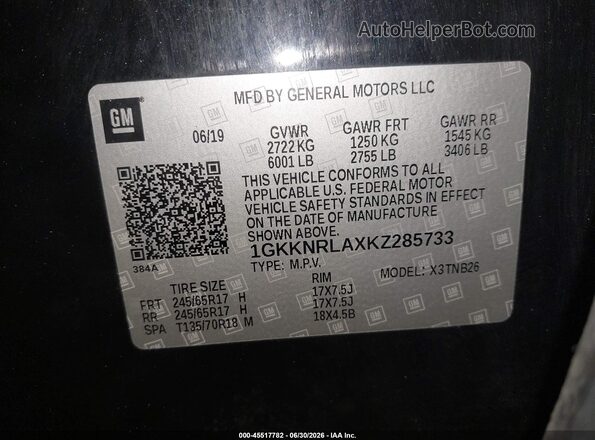 1GKKNRLAXKZ285733 2019 GMC ACADIA Черный Вид подкапотного пространства