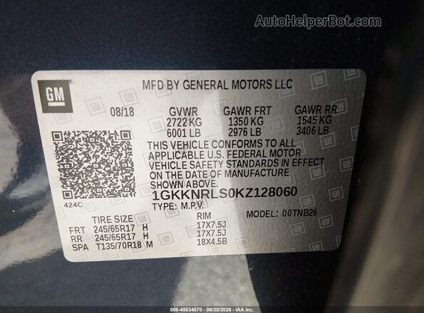 1GKKNRLS0KZ128060 2019 GMC ACADIA Blue Vista del compartimento del motor
