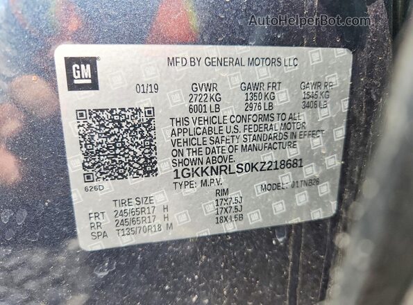 1GKKNRLS0KZ218681 2019 GMC ACADIA Gray VIN կոդի պիտակի տեսք