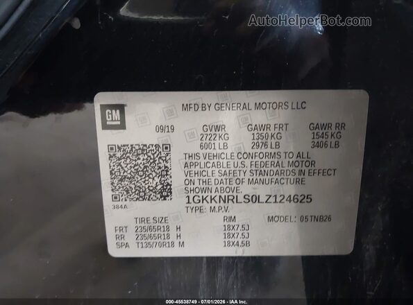 1GKKNRLS0LZ124625 2020 GMC ACADIA Black Widok komory silnika
