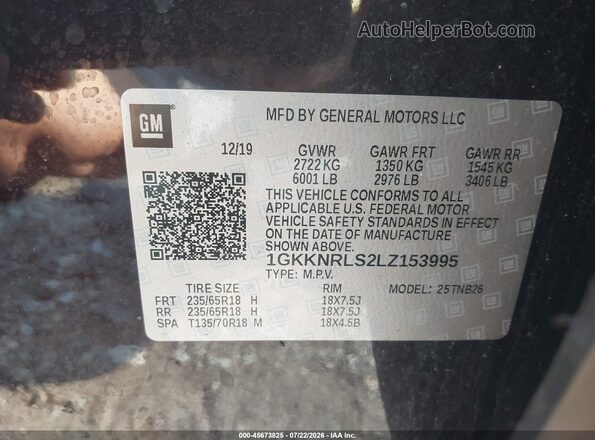 1GKKNRLS2LZ153995 2020 GMC ACADIA Black Вид підкапотного простору