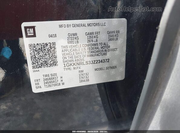 1GKKNRLS3J2234372 2018 GMC ACADIA Black Widok komory silnika