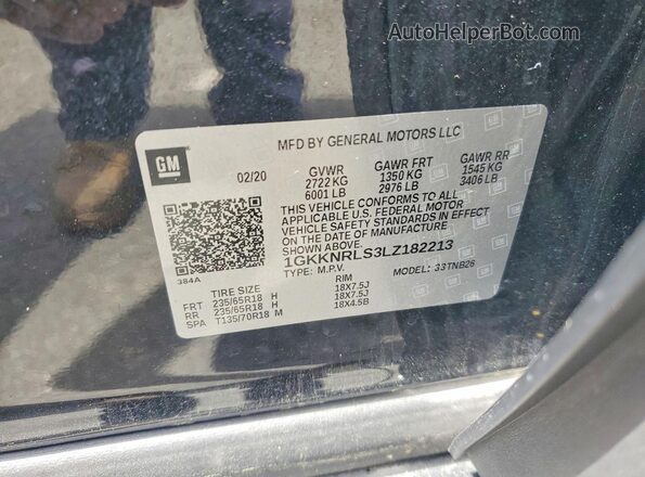 1GKKNRLS3LZ182213 2020 GMC ACADIA Black Widok naklejki z numerem VIN