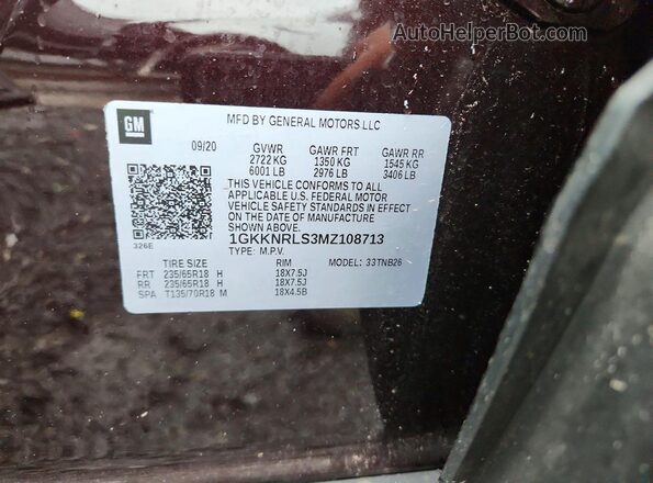 1GKKNRLS3MZ108713 2021 GMC ACADIA Purple Vista de la etiqueta del VIN