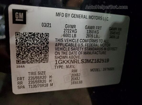 1GKKNRLS3MZ182519 2021 GMC ACADIA Black VIN sticker view
