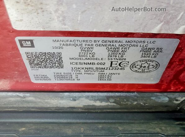 1GKKNRLS5MZ123245 2021 GMC ACADIA Red Vista de la etiqueta del VIN