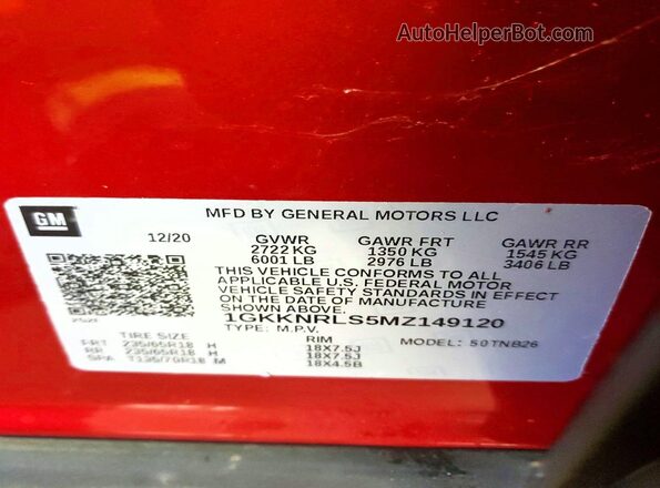 1GKKNRLS5MZ149120 2021 GMC ACADIA Red Widok naklejki z numerem VIN