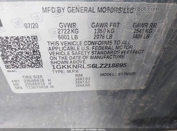 1GKKNRLS6LZ218895 2020 GMC ACADIA Gray ძრავის განყოფილების ხედი