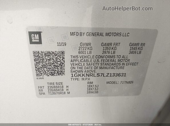 1GKKNRLS7LZ133631 2020 GMC ACADIA Silver Widok komory silnika