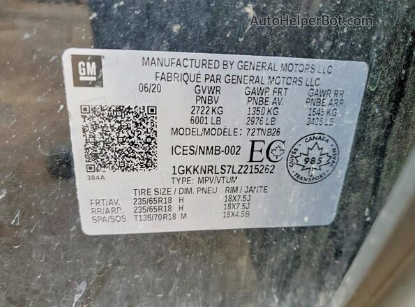 1GKKNRLS7LZ215262 2020 GMC ACADIA Black Vista de la etiqueta del VIN
