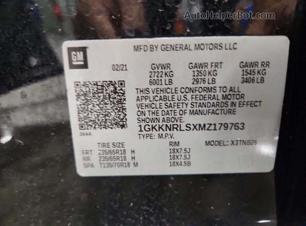 1GKKNRLSXMZ179763 2021 GMC ACADIA Black VIN კოდის სტიკერის ხედი