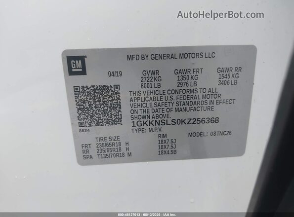 1GKKNSLS0KZ256368 2019 GMC ACADIA White ძრავის განყოფილების ხედი