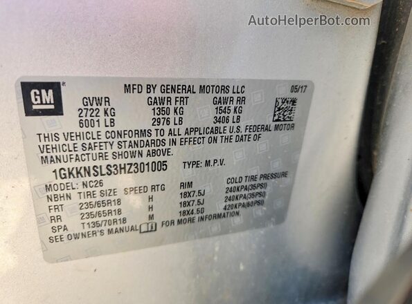 1GKKNSLS3HZ301005 2017 GMC ACADIA Silver Vista de la etiqueta del VIN