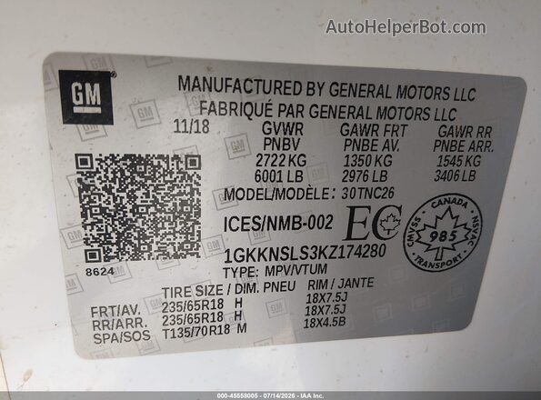 1GKKNSLS3KZ174280 2019 GMC ACADIA White Вид підкапотного простору