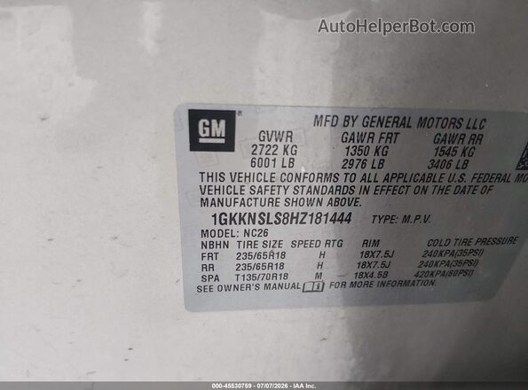 1GKKNSLS8HZ181444 2017 GMC ACADIA Tan Vista del compartimento del motor