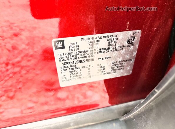 1GKKNTLS2HZ286180 2017 GMC ACADIA Burgundy VIN կոդի պիտակի տեսք