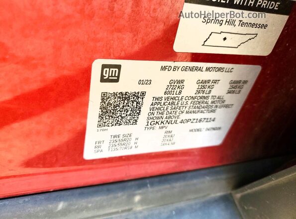1GKKNUL40PZ167114 2023 GMC ACADIA Red VIN կոդի պիտակի տեսք