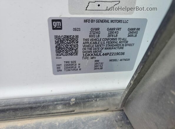 1GKKNUL44PZ219036 2023 GMC ACADIA White VIN sticker view