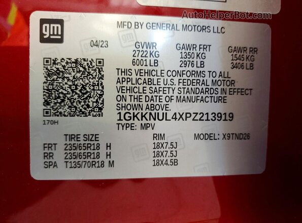 1GKKNUL4XPZ213919 2023 GMC ACADIA Red Widok naklejki z numerem VIN