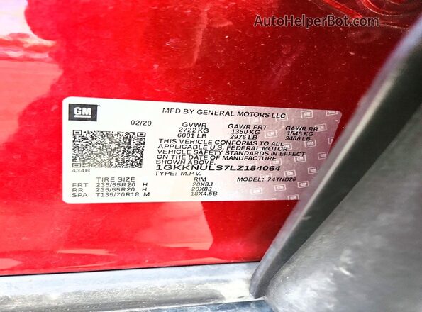 1GKKNULS7LZ184064 2020 GMC ACADIA Maroon Engine compartment view