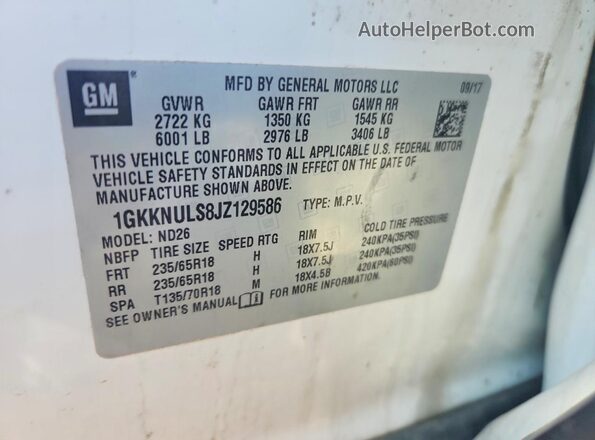 1GKKNULS8JZ129586 2018 GMC ACADIA White Շարժիչի բաժամունքի տեսք