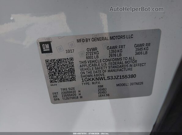 1GKKNWLS3JZ155380 2018 GMC ACADIA White Вид підкапотного простору