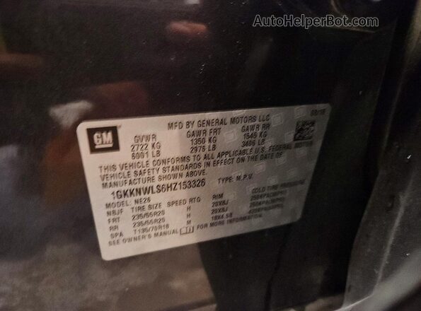 1GKKNWLS6HZ153326 2017 GMC ACADIA Gray VIN კოდის სტიკერის ხედი