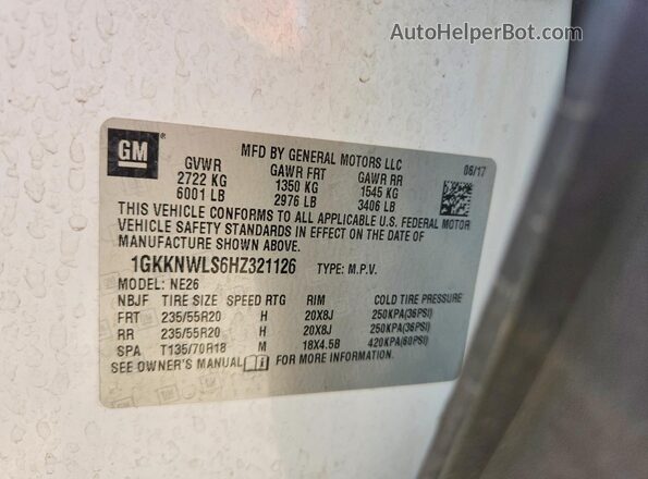 1GKKNWLS6HZ321126 2017 GMC ACADIA Белый Вид наклейки с VIN-кодом