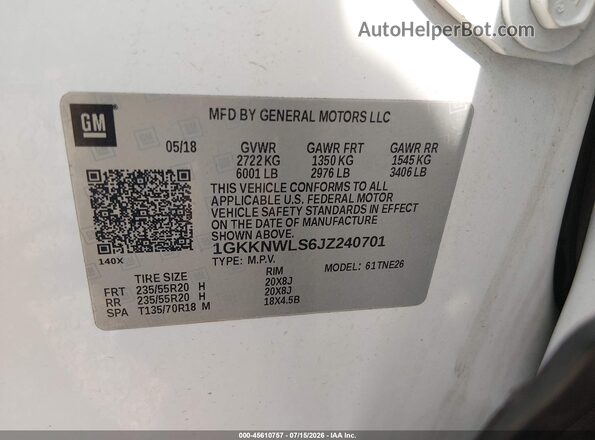 1GKKNWLS6JZ240701 2018 GMC ACADIA White ძრავის განყოფილების ხედი
