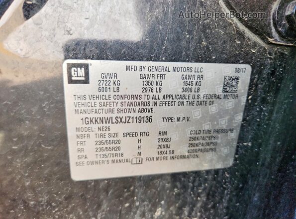 1GKKNWLSXJZ119136 2018 GMC ACADIA Черный Вид наклейки с VIN-кодом