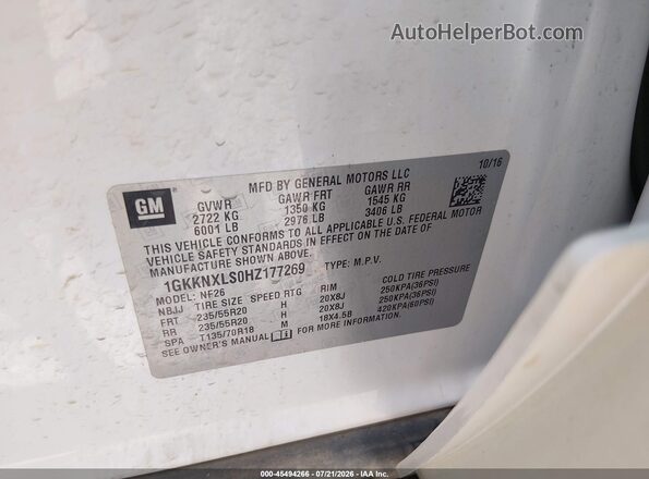 1GKKNXLS0HZ177269 2017 GMC ACADIA White Engine compartment view
