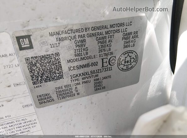 1GKKNXLS0JZ173311 2018 GMC ACADIA White Widok komory silnika