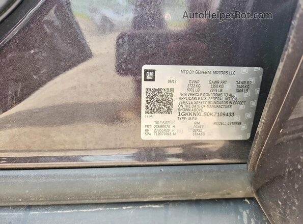 1GKKNXLS0KZ109433 2019 GMC ACADIA Charcoal VIN კოდის სტიკერის ხედი