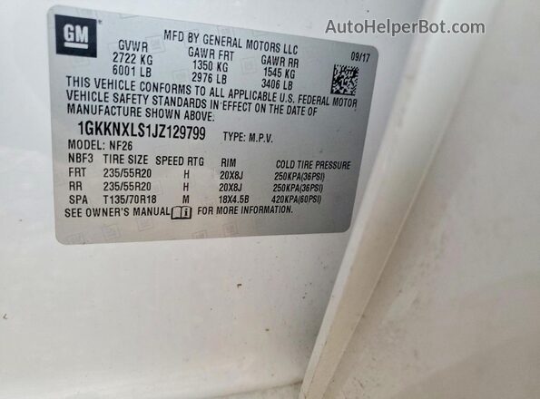 1GKKNXLS1JZ129799 2018 GMC ACADIA White Vista de la etiqueta del VIN