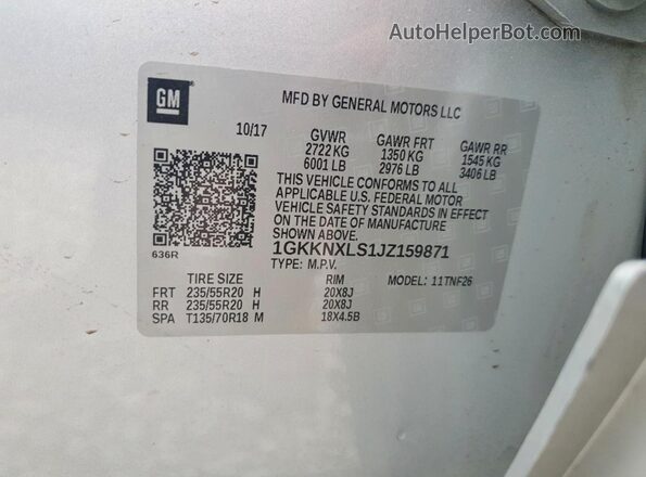 1GKKNXLS1JZ159871 2018 GMC ACADIA Серый Панорамный вид салона 360°