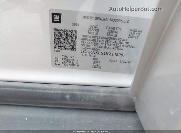 1GKKNXLS1KZ148287 2019 GMC ACADIA Silver Вид підкапотного простору