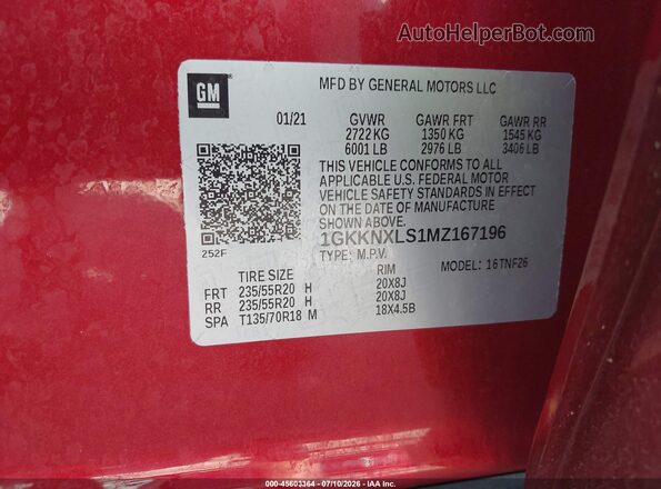 1GKKNXLS1MZ167196 2021 GMC ACADIA Red Widok komory silnika