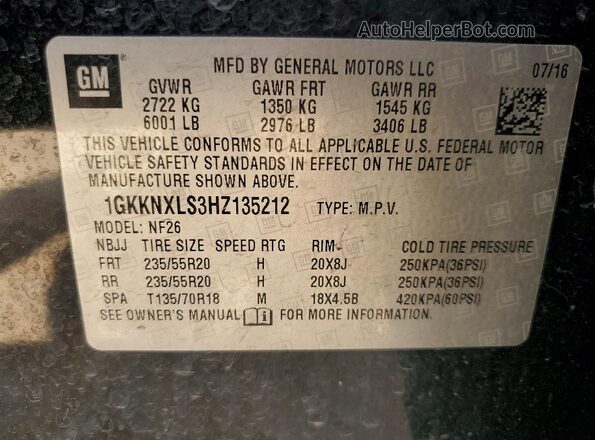 1GKKNXLS3HZ135212 2017 GMC ACADIA Black Widok wnętrza 360 stopni