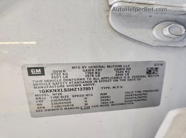 1GKKNXLS3HZ137851 2017 GMC ACADIA White 360 interior view