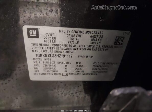 1GKKNXLS3HZ191117 2017 GMC ACADIA Серый Вид подкапотного пространства